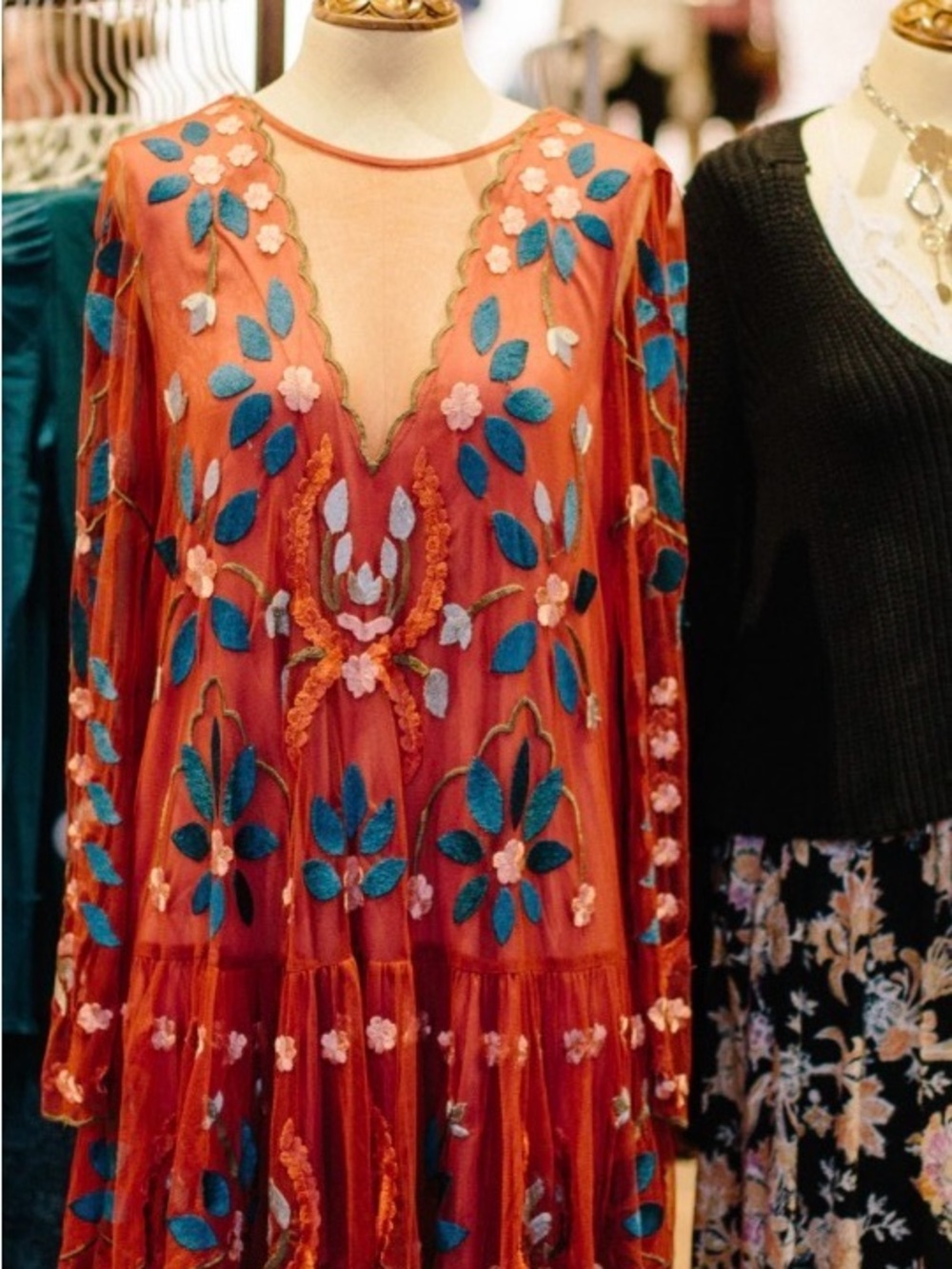 Free People Rust Maxi Dress with Teal & Pink Floral Embroidery